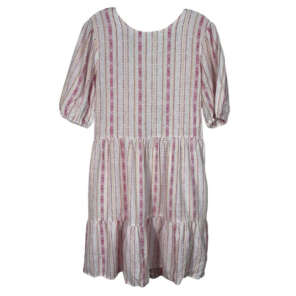 Time & Tru Linen Blend Striped Embroidered Tie Back Tiered Puff Sleeve Dress L - Picture 1 of 6